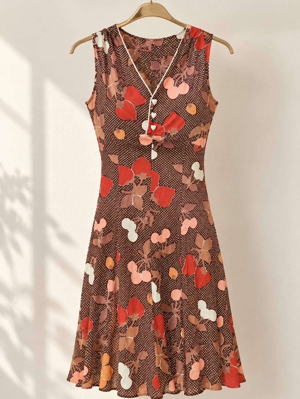 🤎🍊Retro70s Style Brown Floral Mini Dress Heart Button